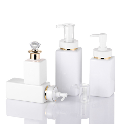 High Quality Luxury White Customize Square  Shampoo Hair Lotion Bottle With Diamond Gold Rim Cap