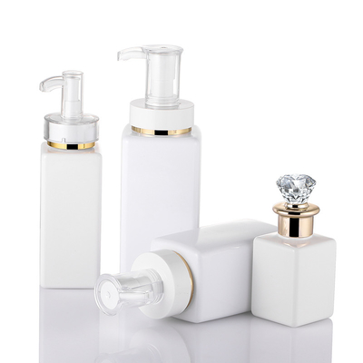 High Quality Luxury White Customize Square  Shampoo Hair Lotion Bottle With Diamond Gold Rim Cap